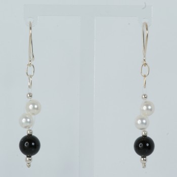 Sterling Silver Freshwater Pearl/Black Bead Drop Earrings